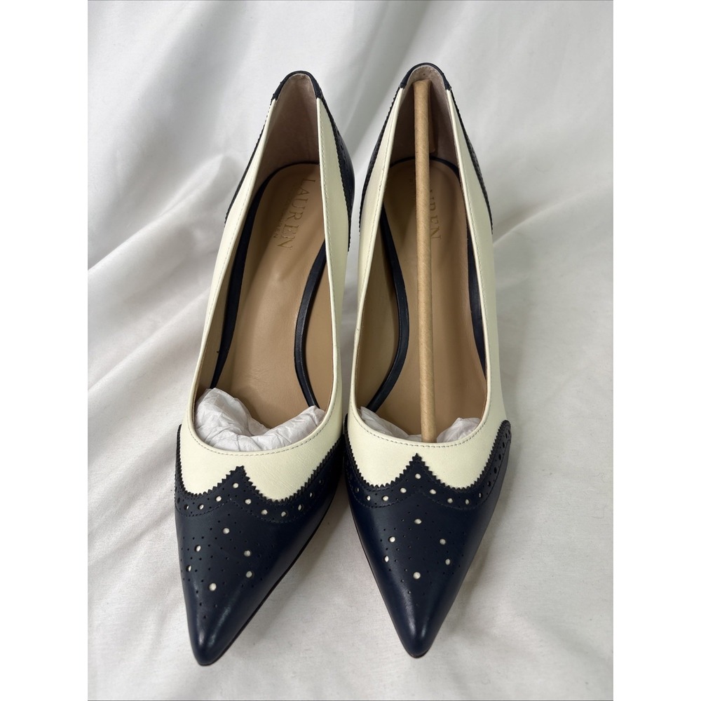 Lauren Ralph Lauren Women's 8.5 Lynden Leather Pointed Pump Heels Blue Cream - Picture 2 of 9